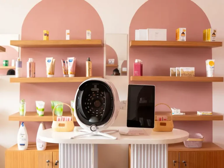 Rayonnage de la boutique Fadel Skincare avec la machine d'analyse de peau