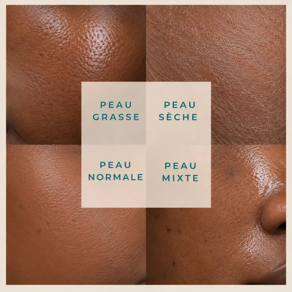 Quatre gros plans de peau : grasse, sèche, normale et mixte