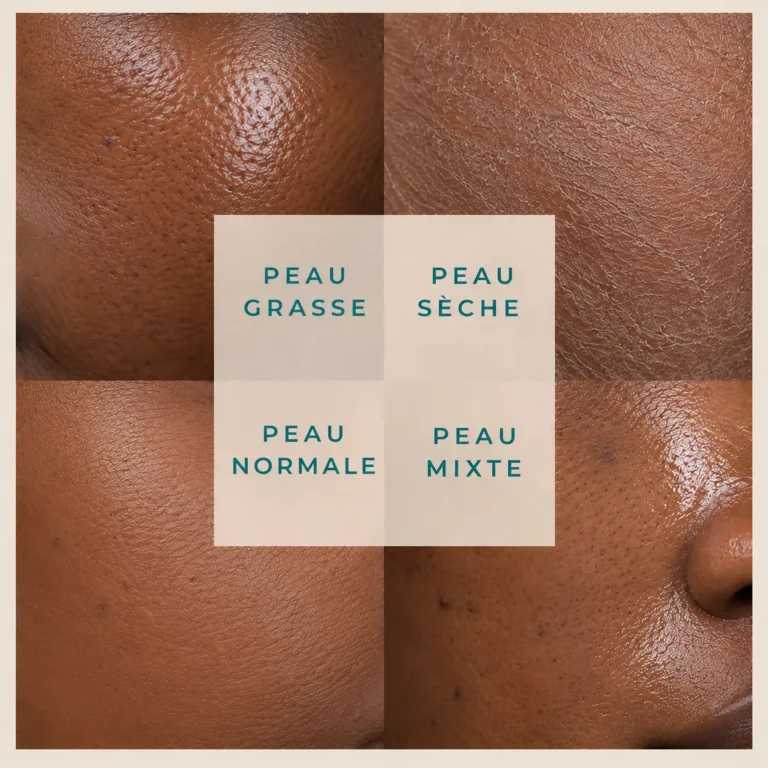Quatre gros plans de peau : grasse, sèche, normale et mixte